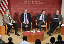 From left: Moderator Richard Parker with Jack Blum, Robert Dugger, and Joseph Stiglitz.