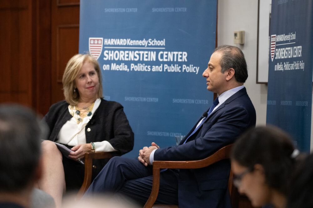 Nancy Gibbs and Preet Bharara have a fireside chat during the 2019 Salant Lecture.