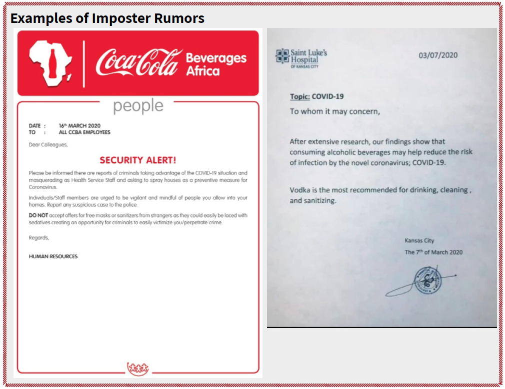 Examples of imposter rumors include a fake Coca-Cola corporate "Security Alert" and a fake letter from a hospital purporting to advocate vodka as a COVID-19 preventative.