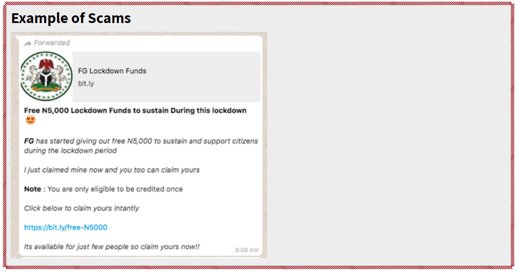 An example of a scam on messaging apps is a message claiming that the poster got a free N95 mask, and that the recipient is also eligible to get one. 