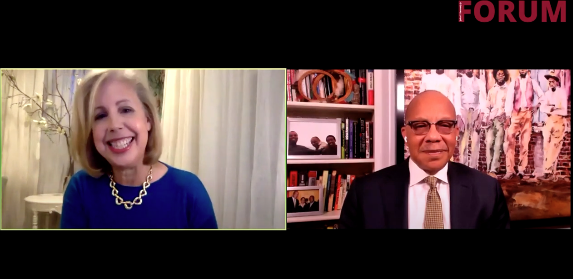 Nancy Gibbs and Eugene Robinson side by side in a Zoom webinar recording still image.