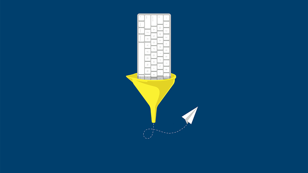 Illustration of a keyboard going into a funnel with a paper airplane coming out the other end
