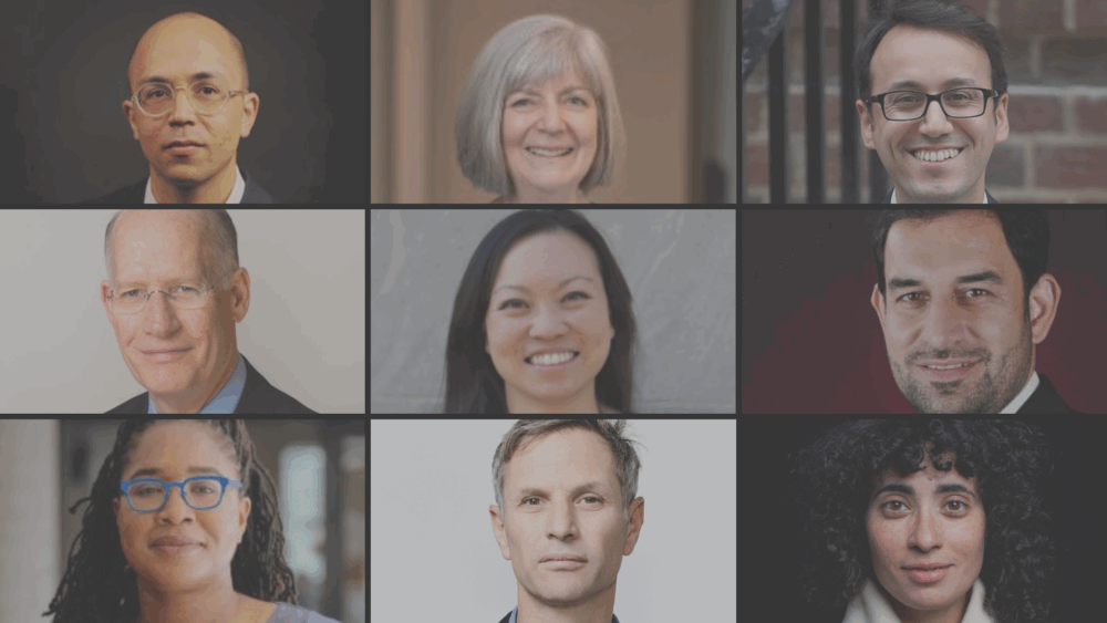 a grid of faces of former Shorenstein fellows, including Adam Serwer, Anne Cooper, Miguel Head, Don Baer, Kathy Pham, Sami Mahdi, Jasmine McNealy, Adam Moss, and Koa Beck.