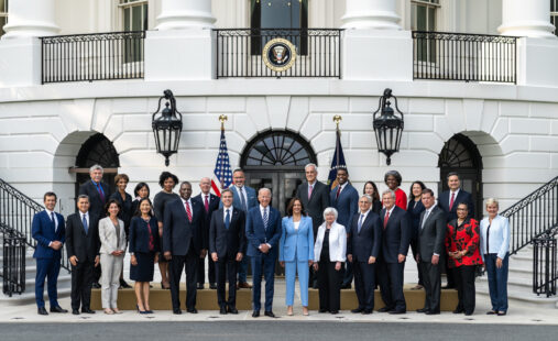 The U.S. presidential cabinet under President Biden in 2021, shown standing in front of the Capital Building