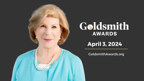 image showing Nina Totenberg, a woman with short brown hair wearing a turquoise sweater, and the Goldsmith Awards logo and date of April 3, 2024