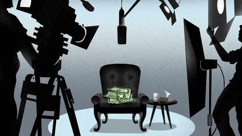 Illustration of a pile of money on a chair with a camera and microphone around it