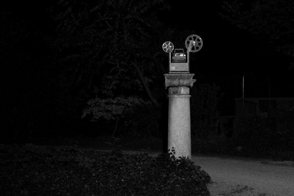 Black and white photograph of an art piece