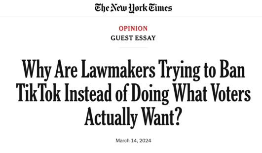Headline of Julia Angwin's NY Times Opinion essay "Why Are Lawmakers Trying to Ban Tiktok Instead of Doing What Voters Actually Want?"