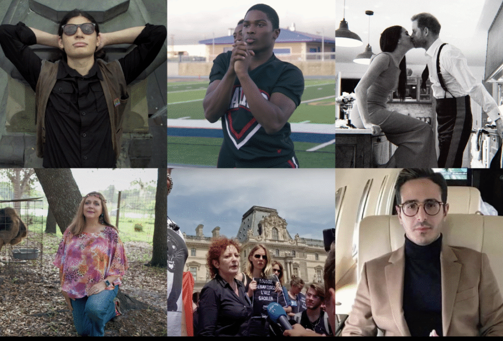 Compilation of photographs from films, featuring various people looking upward, at each other, or at the camera