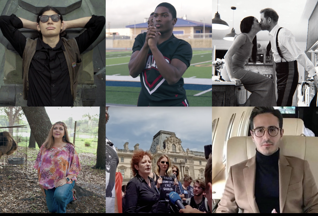 Compilation of photographs from films, featuring various people looking upward, at each other, or at the camera