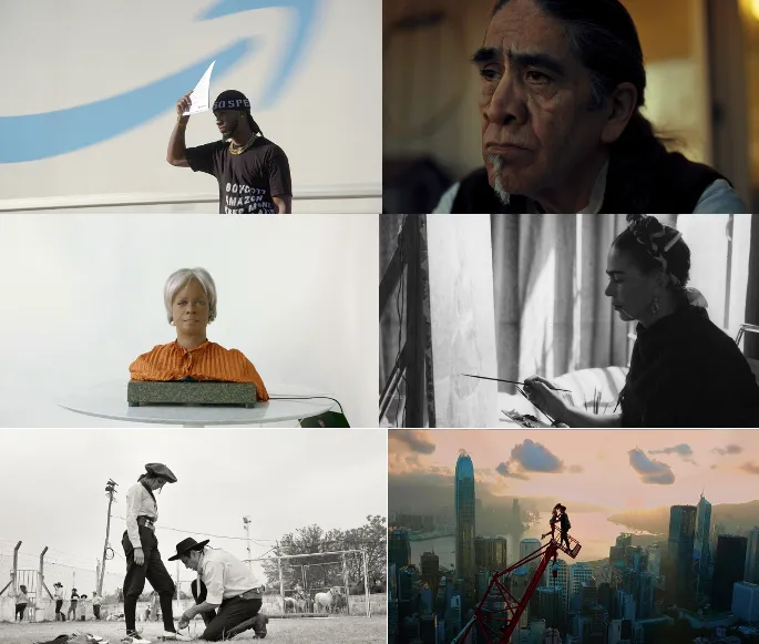Compilation of six film stills featuring people or objects in various positions