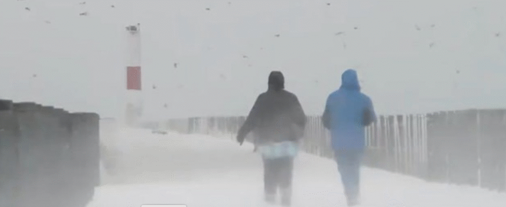 Photograph showing the backs of two people walking in the cold wearing jackets