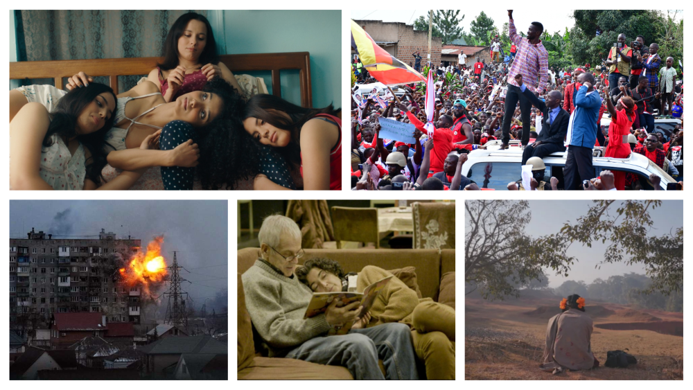A compilation of five images, from the films: “Four Daughters,” “Bobi Wine: The People’s President,” “To Kill a Tiger,” “The Eternal Memory,” and “20 Days in Mariupol.”