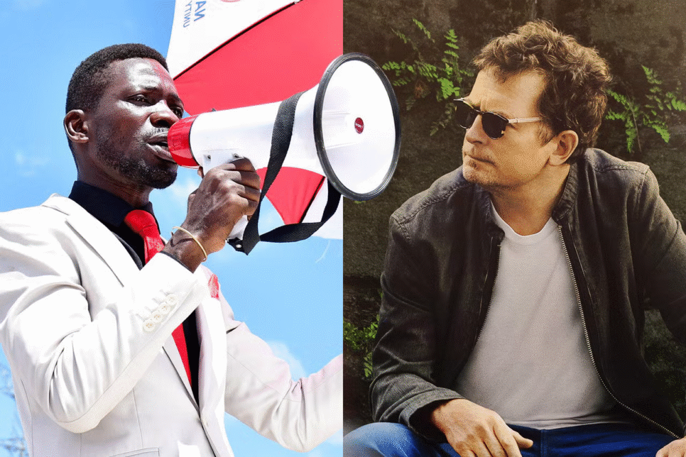 Compilation of photographs featuring a person speaking into a megaphone and a person looking to the side wearing sunglasses