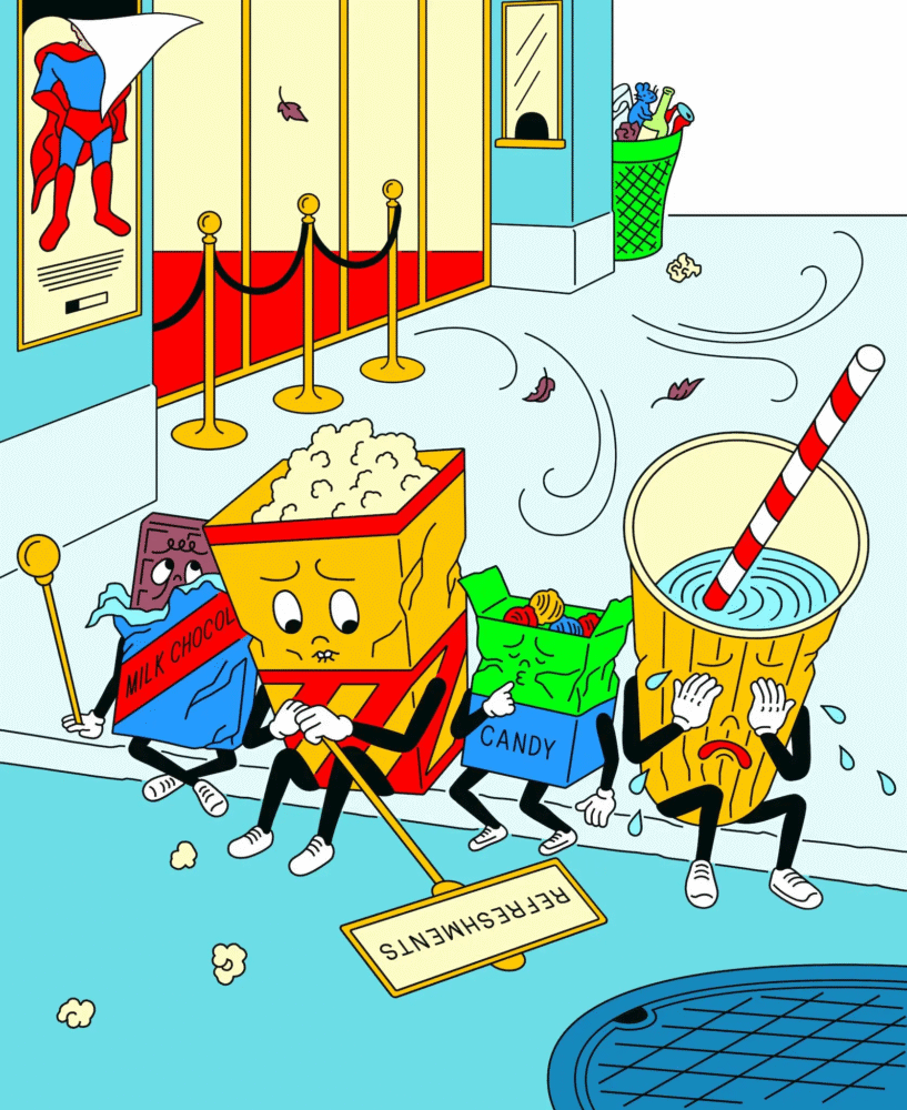 Colorful illustration of a milk chocolate bar, bag of popcorn, box of candy, and soda cup all looking sad, sitting outside a movie theater