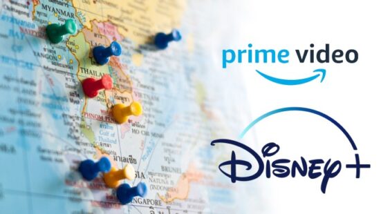 Image of Prime Video and Disney+ logos alongside a map with pushpins in various locations