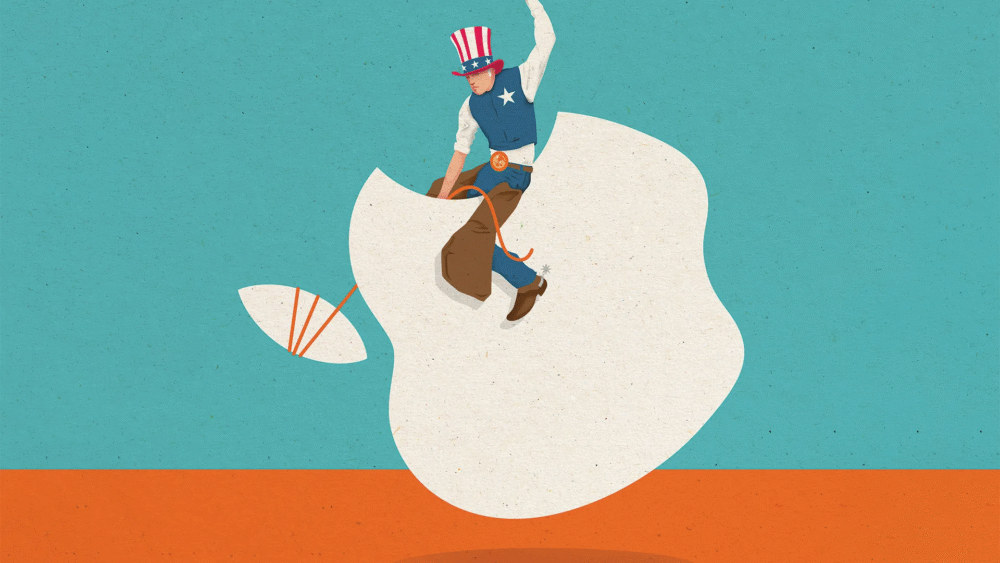 Illustration of a person riding a sideways Apple logo