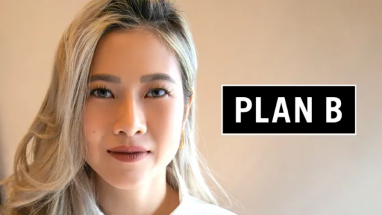 Photograph of person looking directly into the camera next to Plan B logo
