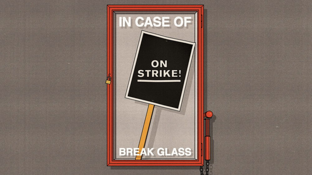 Illustration of picket sign behind glass that says 