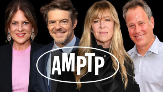Photograph of four people behind the Alliance of Motion Picture and Television Producers logo