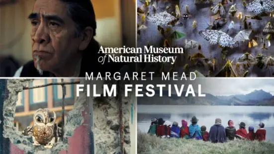A collection of four film stills set behind the Margaret Mead Film Festival logo
