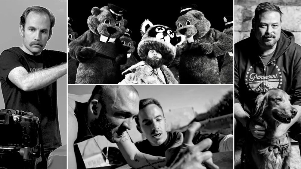 Compilation of four black and white photographs of people