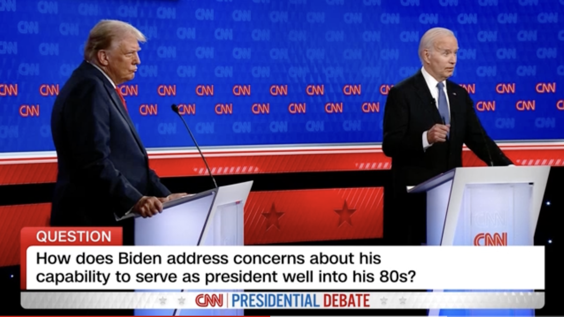 President Biden and former President Trump at the CNN-hosted debate on June 27, 2024. Still photo of the CNN broadcast.