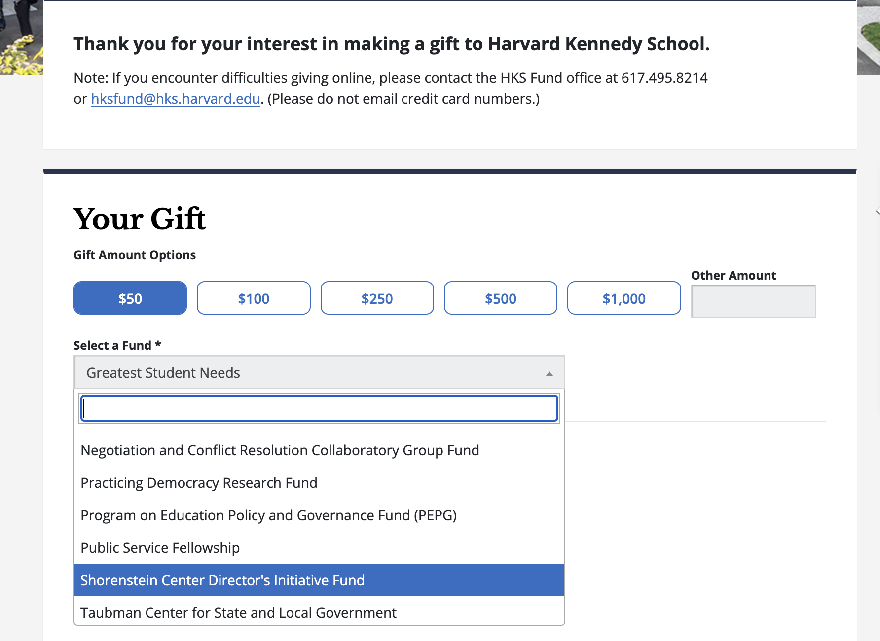 screenshot of the HKS online donation page showing the "Shorenstein Center Director's Initiative Fund" fund selected in the "Select a Fund" dropdown menu.