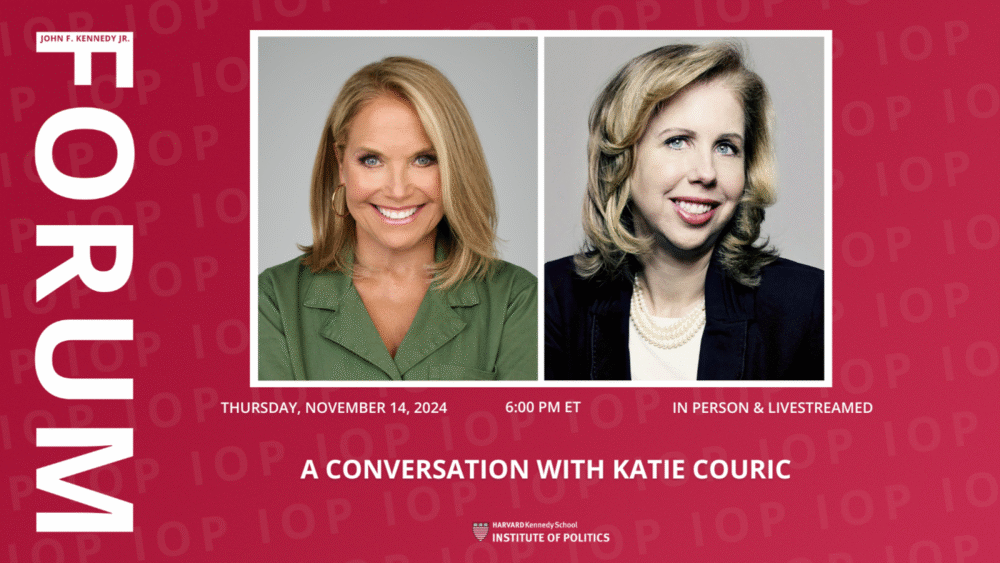 headshots of Katie Couric and Nancy Gibbs on a red event flyer with event information