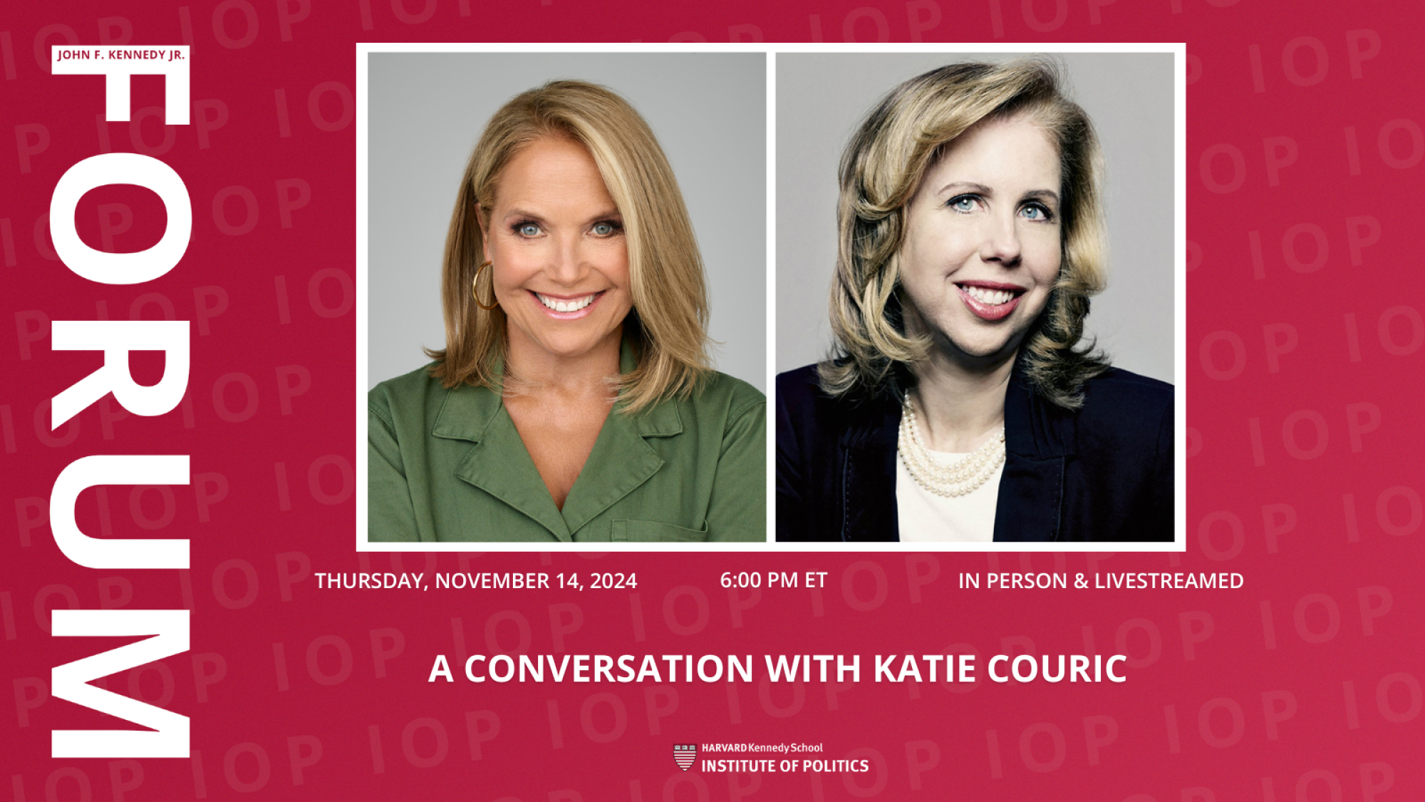 headshots of Katie Couric and Nancy Gibbs on a red event flyer with event information