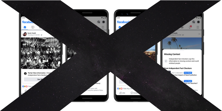 a large black x over images of Facebook's old fact checking notifications