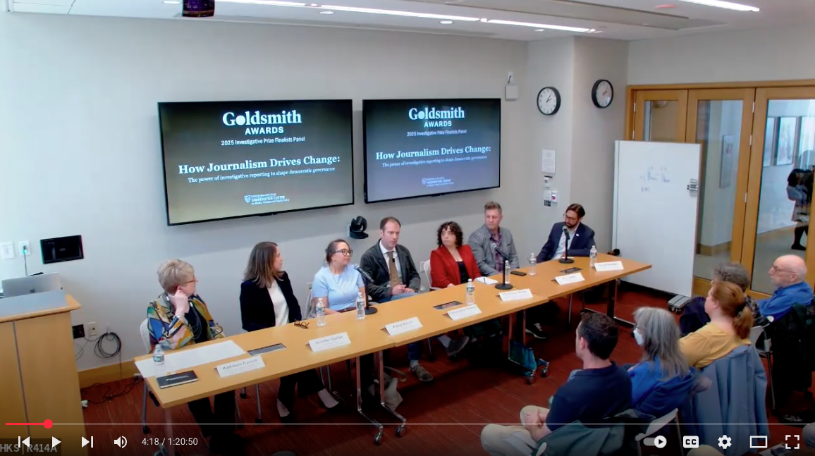 Kathleen Carroll moderates a panel of six journalists, all finalsits for the 2025 Goldsmith Prize for Investigative Reporting