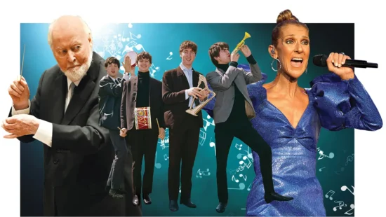 A compilation of photographs, featuring a person wearing a dark suit conducting music, four people holding instruments, and a person in a blue dress singing into a microphone.