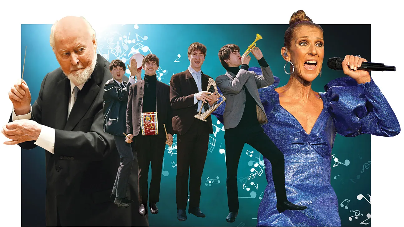 A compilation of photographs, featuring a person wearing a dark suit conducting music, four people holding instruments, and a person in a blue dress singing into a microphone.