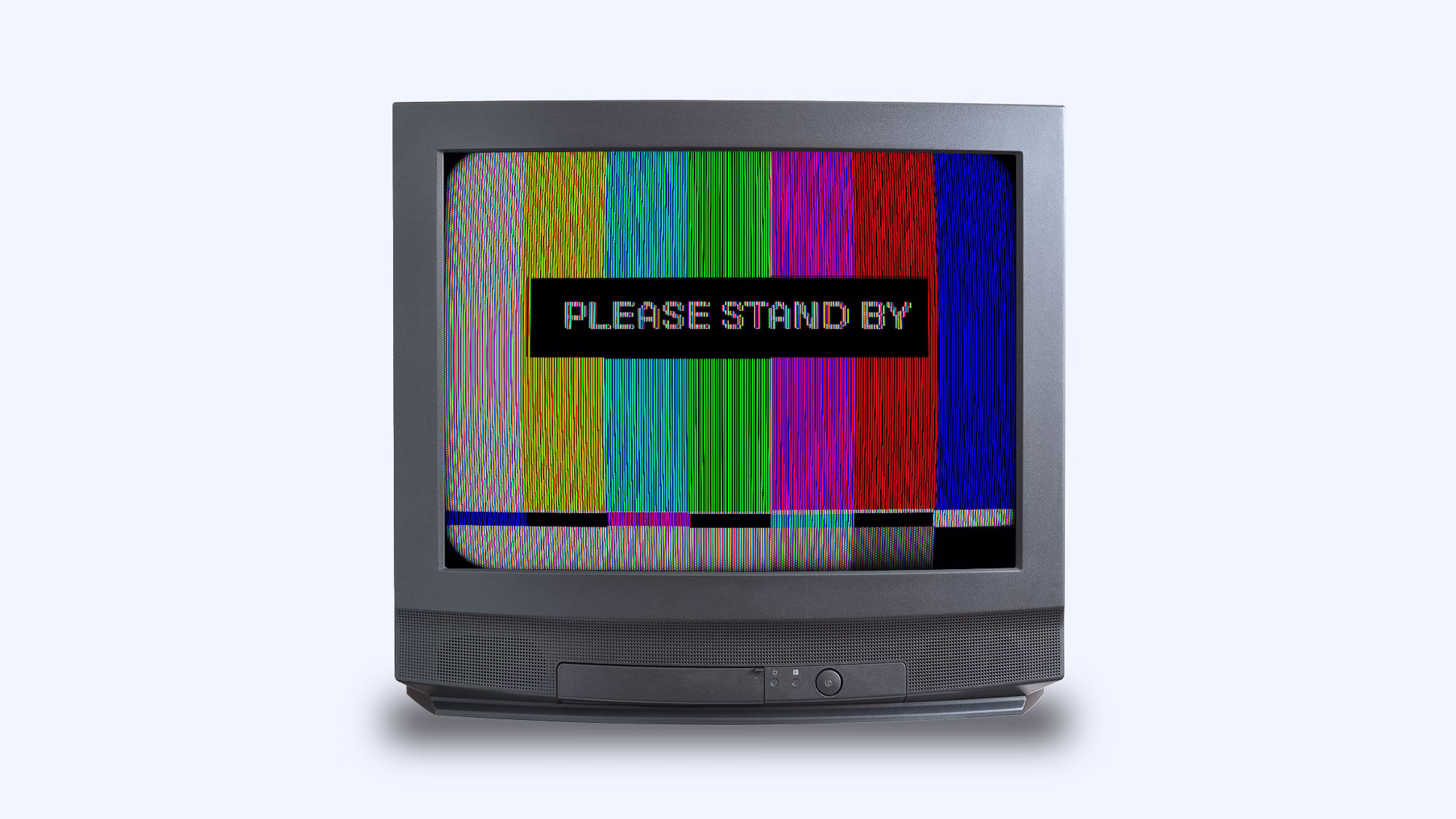 A television screen with columns of different colors running vertically across the screen, and the text: Please Stand By