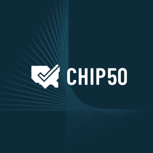 The CHIP50 logo, which is an outline of the map of the lower 48 states of the United States with a check mark superimposed on in