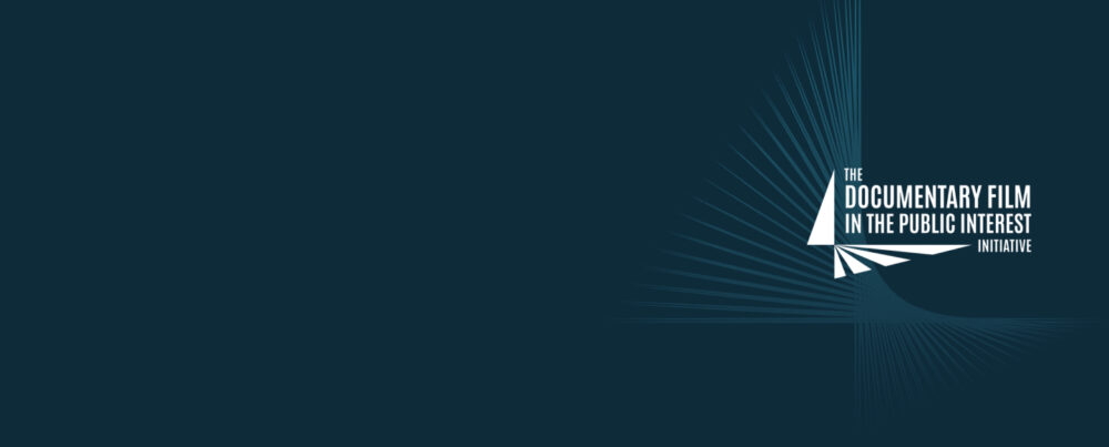 logo for the Documentary Film in the Public Interest Project, which is shaped like a film spotlight with rays projecting out of it, framing the program name.