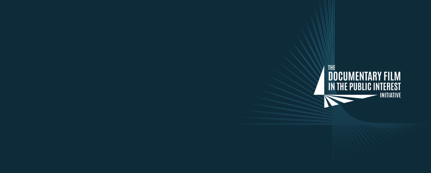 logo for the Documentary Film in the Public Interest Project, which is shaped like a film spotlight with rays projecting out of it, framing the program name.