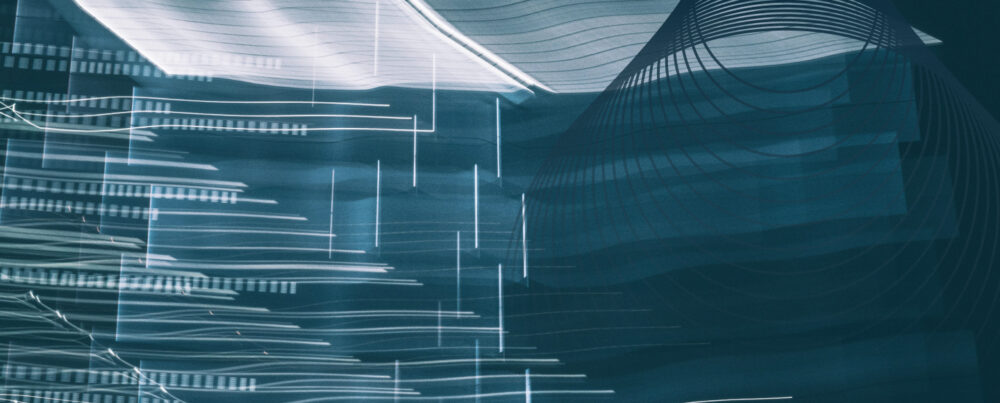 abstract image suggesting stacks of paper, lines of data, wves, and movement.