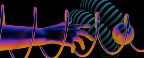 false-color orange and purple image of a hand reaching for a ball through a spiral, with a label that shows the prompt used to generate it using AI