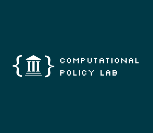 logo for the Computational Policy Lab, which is an icon of a building suggesting a government building, framed by brakets as in computer code
