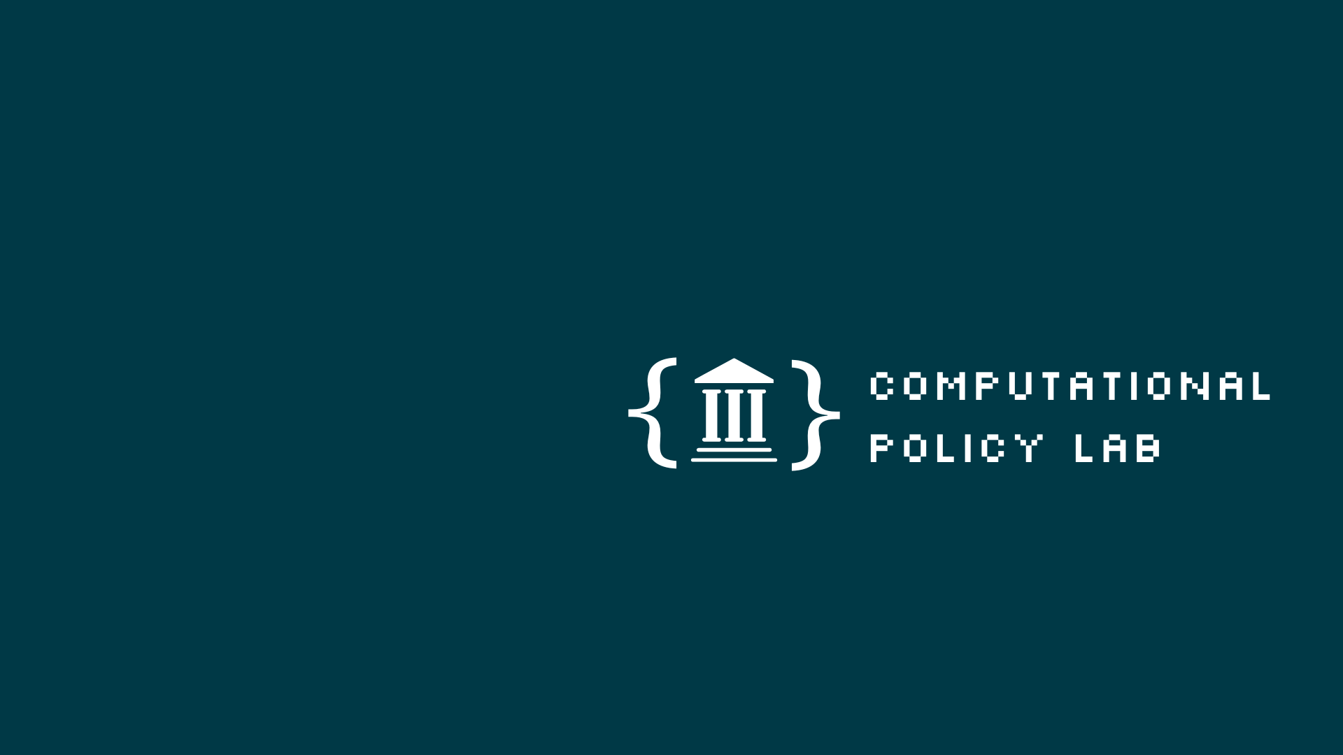 logo for the Computational Policy Lab, which is an icon of a building suggesting a government building, framed by brakets as in computer code