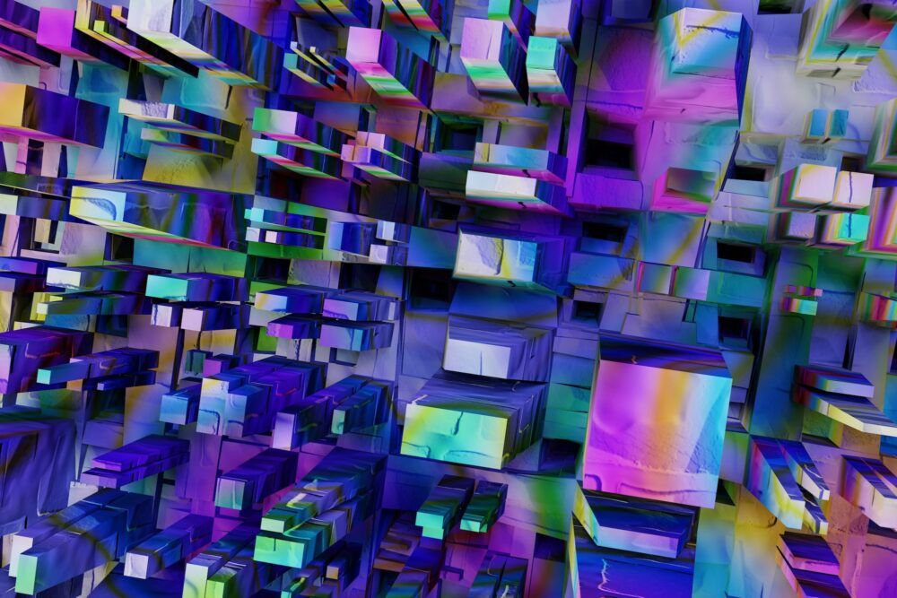 abstract image suggesting a city seen from above with bright colors splashed across it like a prism
