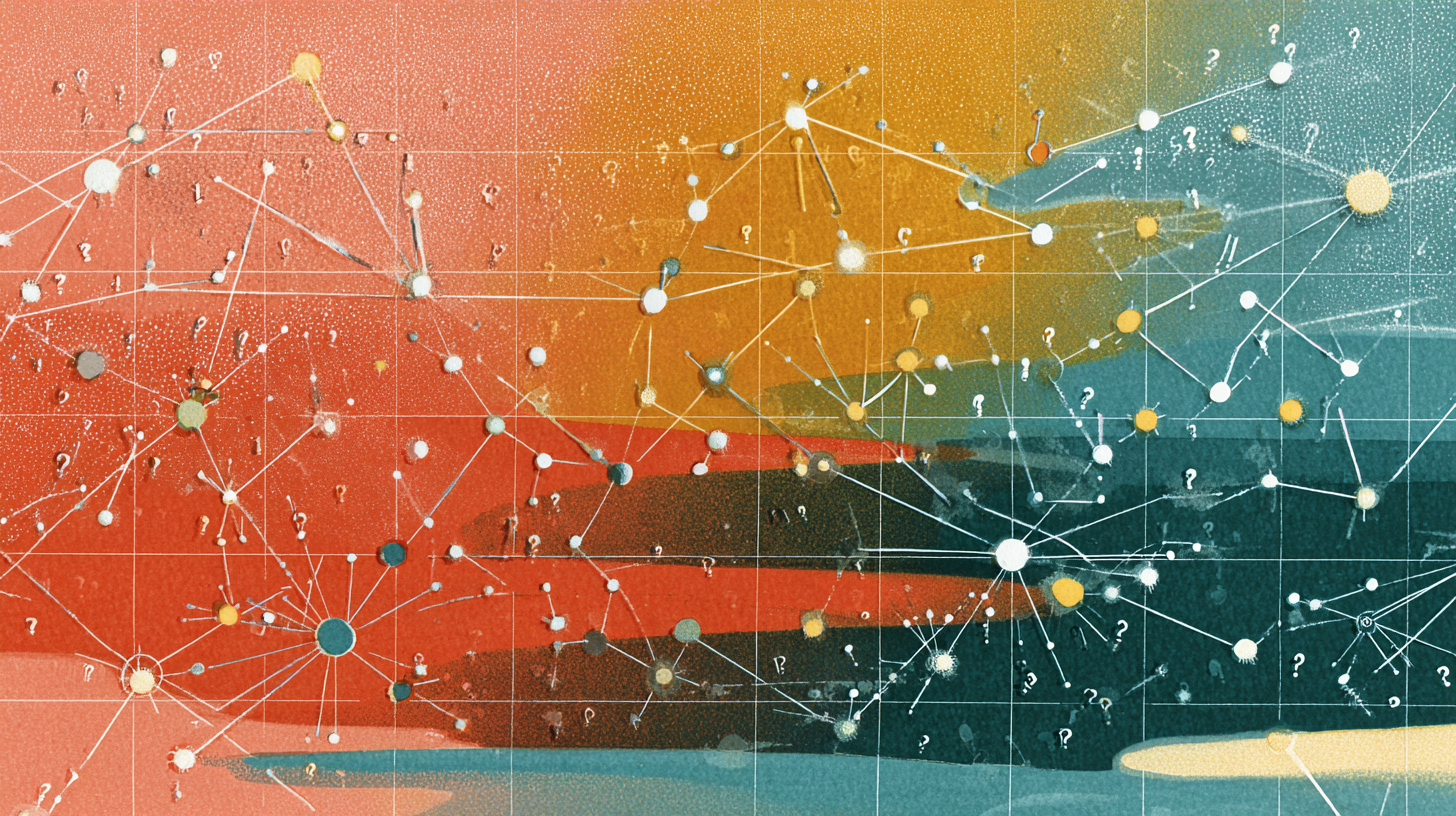 Abstract illustration featuring a network of interconnected dots and lines overlaid on a gradient background transitioning from red to orange to teal. The network resembles a web or neural network diagram. Numerous question marks are scattered throughout the image, emphasizing a sense of inquiry or complexity. Subtle grid lines overlay the entire composition, adding structure to the abstract design.