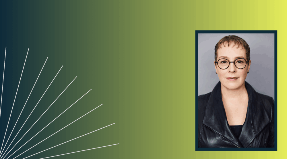 photo of Julia Angwin, a woman with short dark hair wearing glasses and a black jacket, overlayed on a yellow and blue background.