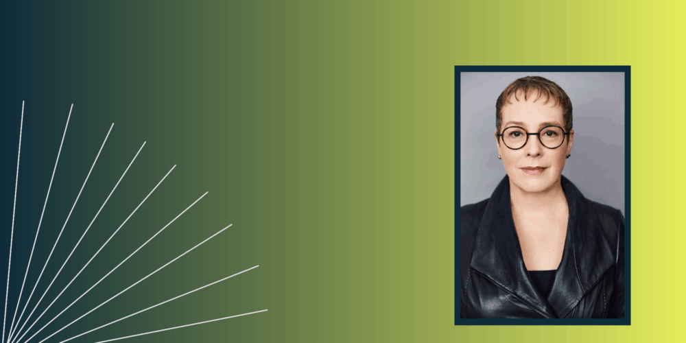 photo of Julia Angwin, a woman with short dark hair wearing glasses and a black jacket, overlayed on a yellow and blue background.