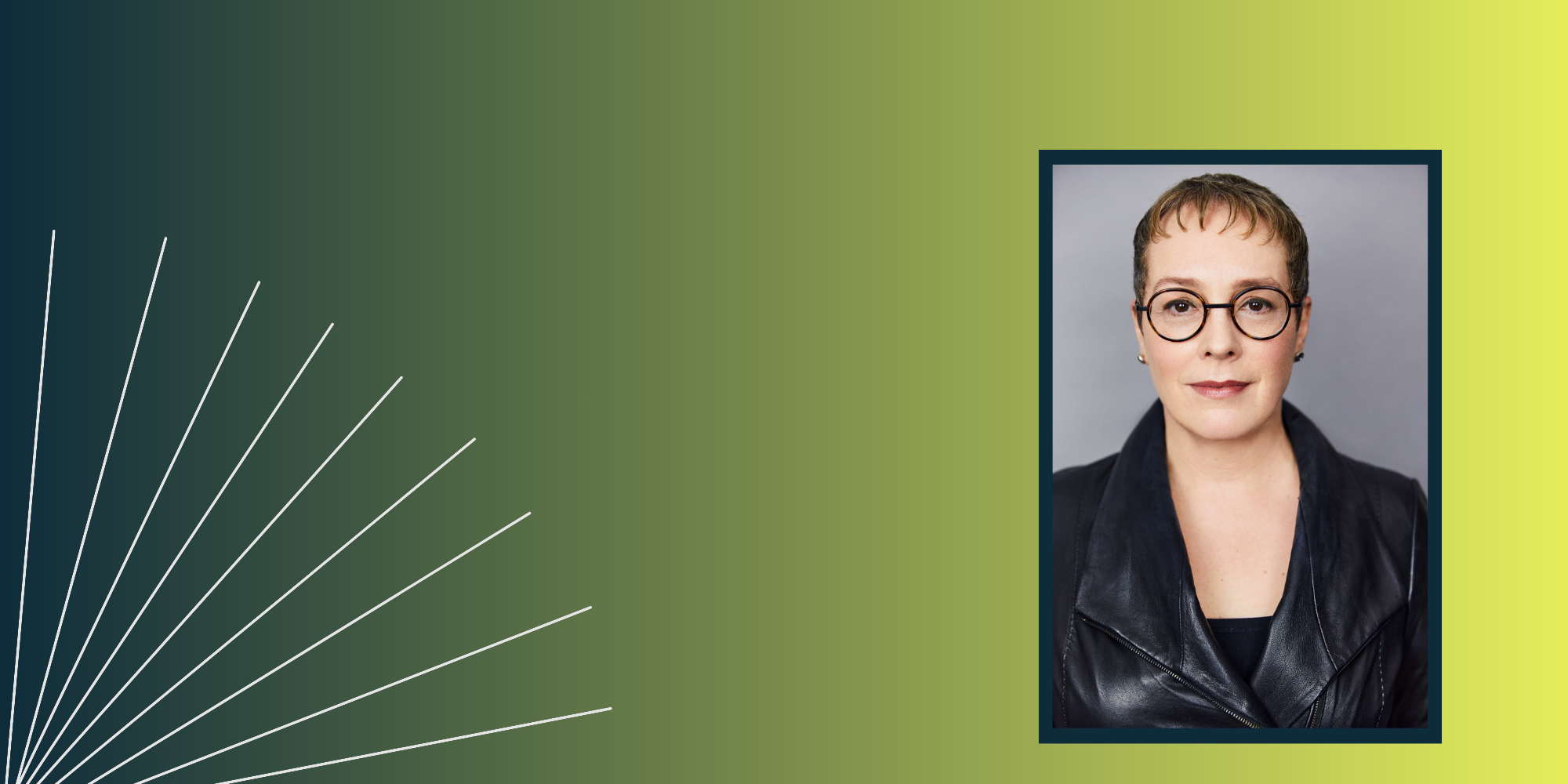 photo of Julia Angwin, a woman with short dark hair wearing glasses and a black jacket, overlayed on a yellow and blue background.
