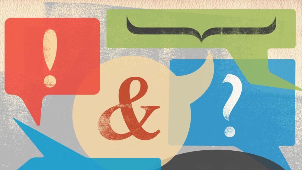 image of talk bubbles with different punctuation symbols in them, courtesy of Harvard Business Review.