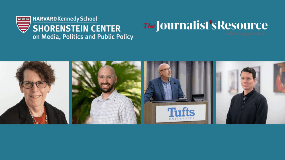 Logos for the Shorenstein Center and The Journalist’s Resource above four headshots, including one at a Tufts University podium, on a teal background.
