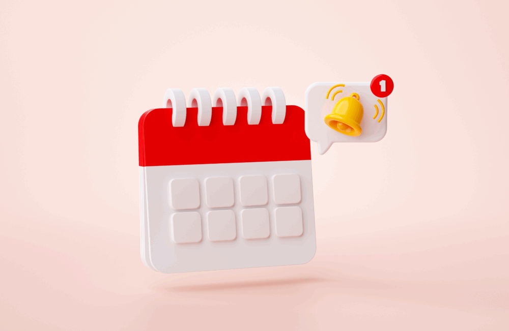 3D illustration of a calendar with a red and white design on a light pink background. A speech bubble with a yellow notification bell and a red badge showing the number one appears above the calendar, representing a reminder or alert.